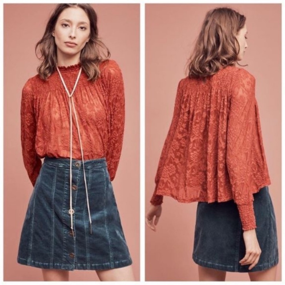 Anthropologie Deletta Burnt Orange Lace Top Size M
